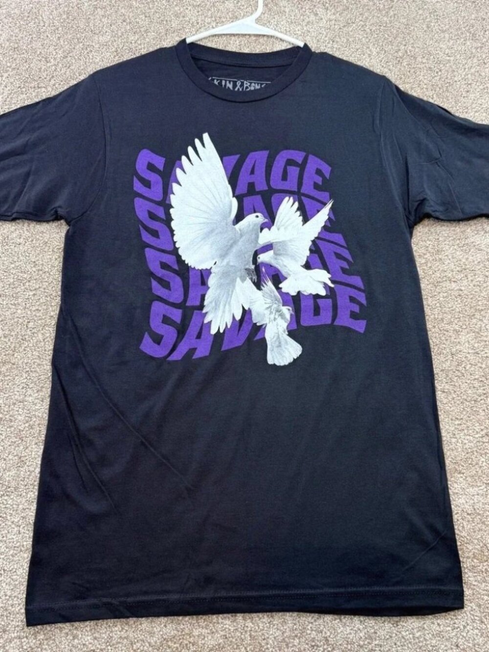 Skin & Bones Mens Savage Doves Graphic T-Shirt Black Purple Size S 100% Cotton